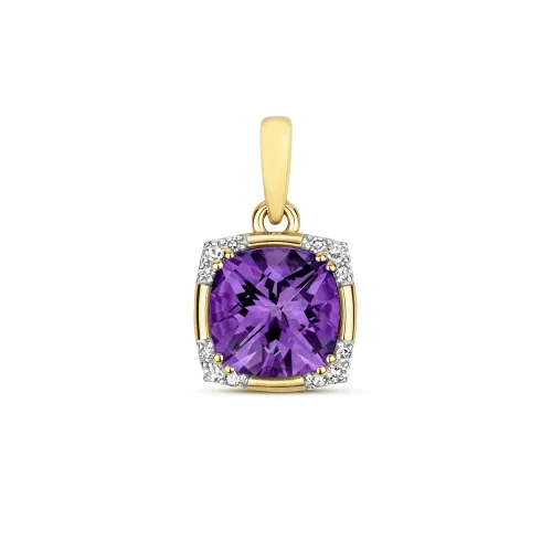 Diamond & Cushion Amethyst 1.44ct Pendant 9ct Gold